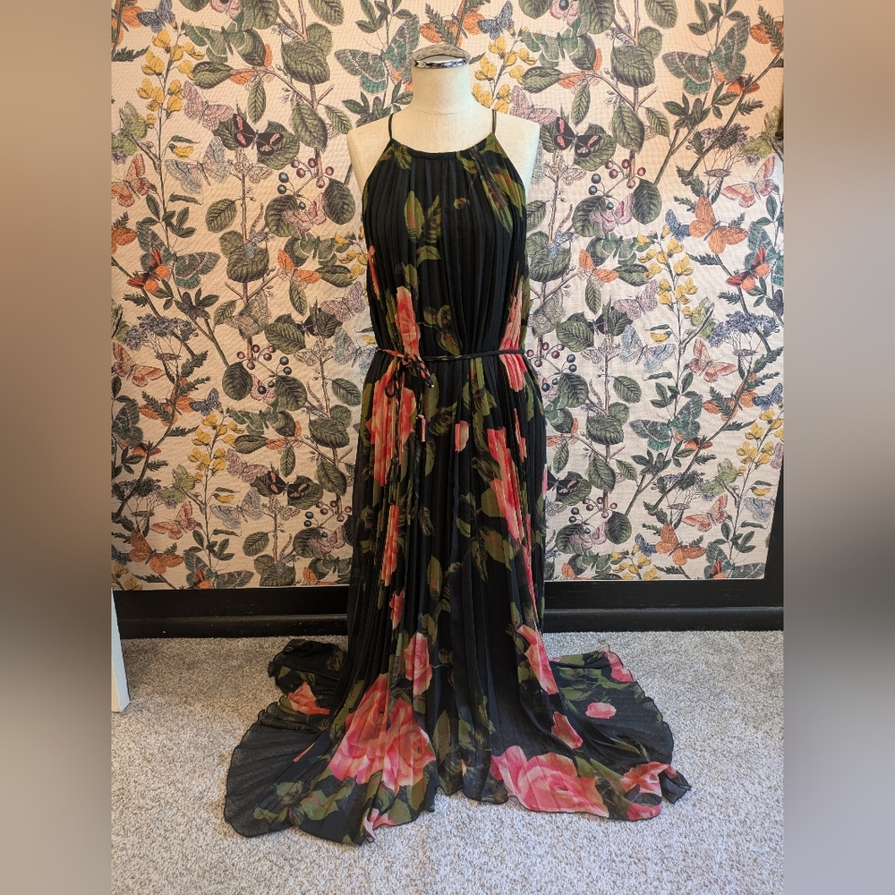 Anthropologie- Rose Halter Neck Gown- One Size Fits Most- Navy with Pink Roses.